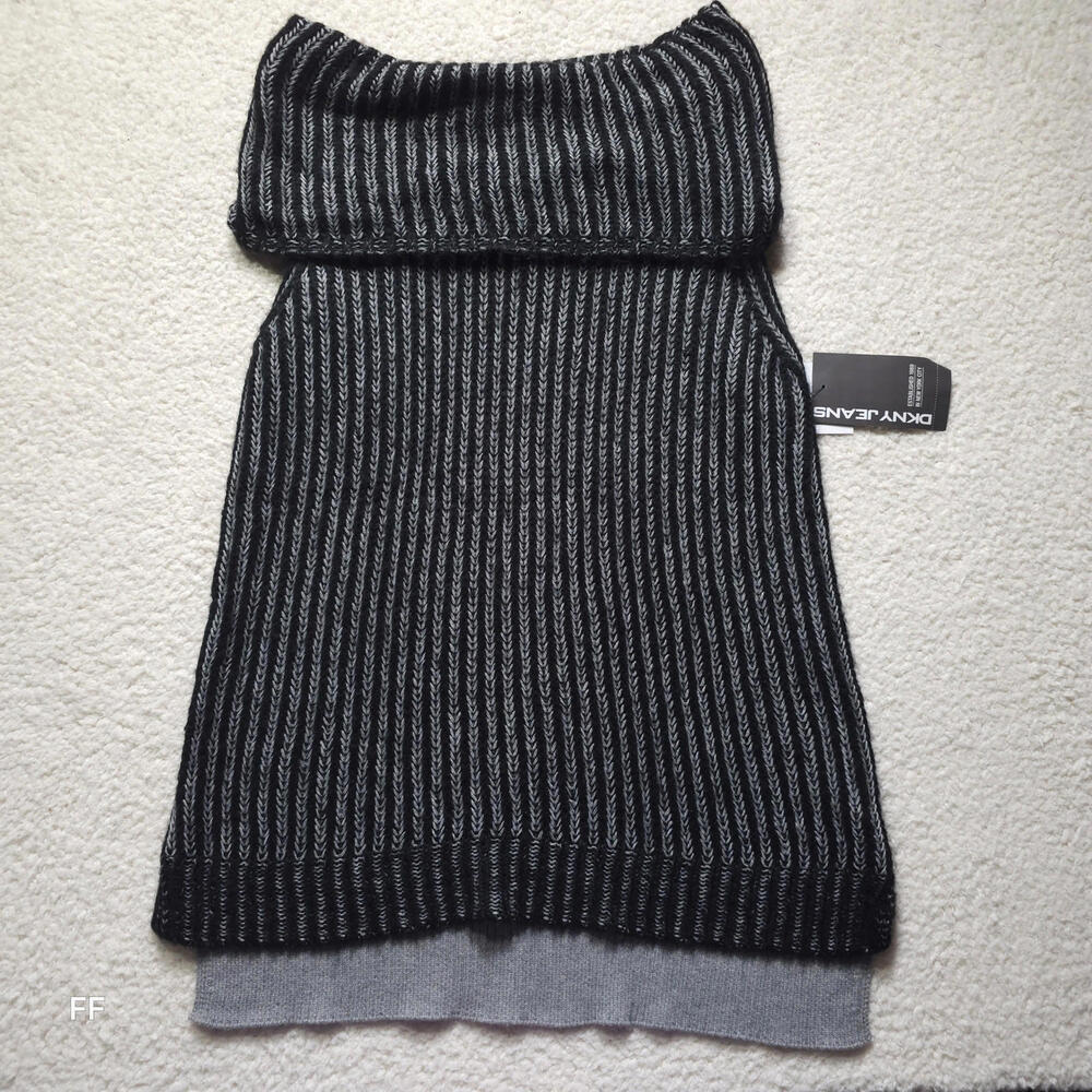 DKNY Jeans Women's XL Sleeveless Rib Knit Tunic Black Gray Striped Funnel Neck